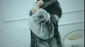 Full length Silver Fox Fur Long Coat with Hood 396