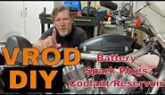 DIY HOW TO CHANGE THE HARLEY DAVIDSON VROD BATTERY, SPARK PLUGS, AND COOLANT RESERVOIR.