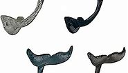 Set of 4 Colorful Cast Iron Whale Tail Wall Hooks - Decorative Nautical Coat, Towel or Clothing Hangers to Add a Charming Beachy Vibe to Your Home Decor