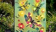 Spring Garden Flag 12×18 Double Sided, 8 Modes Lighted Dragonfly Flag, Welcome Spring Garden Flag for Outside, LED Small Flag for Yard and Garden Decor in Spring