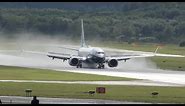 Boeing 737 MAX combat landing with spectacular reverse thrust on wet runway