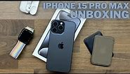 iPhone 15 Pro Max Blue Unboxing + Taupe FineWoven & Ink Leather MagSafe Wallet!