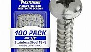 #6 x 1/2" Pan Head Sheet Metal Screws, Full Thread, Phillips Drive, Stainless Steel 18-8, Bright Finish, Self-Tapping, Quantity 100 Pieces by Fastenere