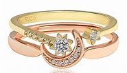Meissa Sterling Silver Moon and Star Ring Set Handmade Stackable Rings Rose Gold Plated Ring Gift for Women Size Adjustable 7.5-10