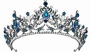 SWEETV Blue Tiara Crown for Women, Frozen Elsa Princess Crown, Gothic Wedding Tiara for Bride, Black Crystal Hair Accessories for Birthday Quinceanera Pageant Prom