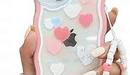 Sqweey Compatible with iPhone 13 Cases Cute Aesthetic Pink Heart Pattern with Strap Chian [Flower Camera Protection] Wave Bumper Deisgn for Women Girls Girly Phone Case