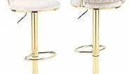 HANLIVES Velvet Bar Stools Set of 2,360° Swivel Woven Modern Gold Bar Stools,Adjustable Height Barstools with Backs Gold Metal Tall Kitchen Counter Chairs for Bar Pub Home(Beige*2)