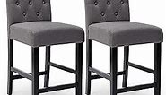 LSSPAID Bar Stools Set of 2, 24 Inch Counter Height Chairs, Upholstered Fabric Padded Kitchen Island Wood Bar Chairs Barstools with Button Tufted Backrest and Solid Wood Legs, Grey