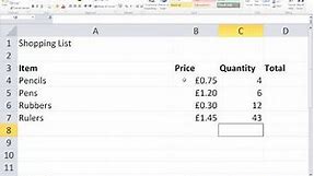 Excel shopping list