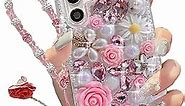 Changjia for Samsung Galaxy S23 Ultra Glitter Bling Case,Cute Luxury 3D Sparkle Crystal Rhinestone Flowers Diamond Pearl with Lanyard Wrist Strap Women Girls Case for Galaxy S23 Ultra 6.8inch (Pink)