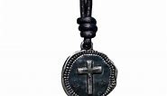 Cross Leather Necklace Mens - Men Cross Coin, Religious Pendant, Medallion Necklaces, Christmas Gift, Catholic Pendant, Christian Charms, Women Gifts to Husband Cute Crosses Best Friend (Gunmetal)
