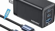GaN 65W 3-Port USB-C Wall Charger: NOHON Fast Charger Block PD 3.0 Ultra-Slim USB C Power Adapter Foldable Plug with 140W Type-C Charging Cable Compatible with iPhone 11 12 13 14 15 MacBook (Black)