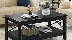 YITAHOME Coffee Table for Living Room,Modern Farmhouse Coffee Table with Storage,2-Tier Center Table for Living Room Wood Living Room Table Accent Cocktail with Sturdy Frame,Black