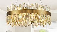 Siljoy 12-Lights Modern Crystal Chandelier, 2-Tiers Brass Gold K9 Crystal Raindrop Chandelier, Adjustable Height Luxury Crystal Pendant Ceiling Light Fixture for Dining Living Room Bedroom Dia 23.6''