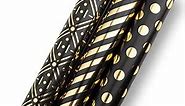 Flyhill Gold and Black Wrapping Paper Mini Roll-3 Roll-42.5 sqft.ttl(17inch x 120 inch) Per Roll- 3 Pattern Designs with Gold Dot,Stripe,Geometry for Birthday,Holiday,Wedding,Baby Shower