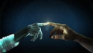 Premium stock video - High quality 3d cgi of a robot arm reaching out and touching index fingertips with a human hand and activating a bright pinpoint of flickering light with bright halo effect, in teal color scheme
