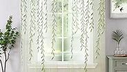 WANSOUL Leaf Sheer Curtains 2 Panels, Vine Patterned Green Sheers Rod Pocket Leaves Voile Drapes Willow Design Window Curtain for Bedroom, Living Room, Balcony, Sunroom,Doorway Decor