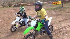 kids riding their new dirt bike on the track for the first time. Let's go!!