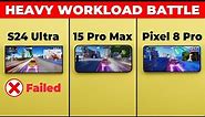S24 Ultra vs iPhone 15 Pro Max vs Pixel 8 Pro - Heavy Workload Test (Speed, Battery & Thermals)