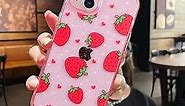 MZELQ Compatible with iPhone 15 Case Strawberry Bling Glitter Cute Pattern, Shockproof Cute Strawberry Crystal Clear Phone Case + 1* Screen Protector, Full Body Protection Cover -Pink