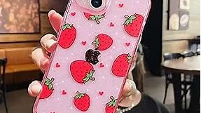 MZELQ Compatible with iPhone 15 Case Strawberry Bling Glitter Cute Pattern, Shockproof Cute Strawberry Crystal Clear Phone Case + 1* Screen Protector, Full Body Protection Cover -Pink