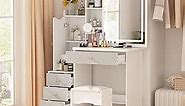 FAMAPY Vanity Desk with Mirror and Lights, Vanity Makeup Desk with Sliding Lighted Mirror, Vanity Mirror Makeup Desk with Cushion Stool, Drawers and Shelves, White and Grey