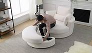 51"W Oversized Swivel Chair with Moon Storage Ottoman for Living Room, Modern Accent Round Loveseat Circle Swivel Barrel Chairs for Bedroom Cuddle Sofa Chair Lounger Armchair, 4 Pillows, Teddy Fabric