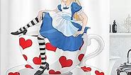 Ambesonne Alice in Wonderland Shower Curtain, Girl Sitting on a Tea Cup Heart Shape Character Fantasy Tale, Cloth Fabric Bathroom Decor Set with Hooks, 69" W x 75" L, White Red Sea Blue