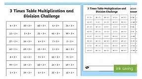 3 Times Table Multiplication and Division Challenge Worksheet