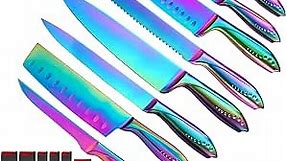 WELLSTAR Rainbow Knife Set 16 Pieces with 8 Knives and 8 Blade Guards, Iridescent German Stainless Steel Kitchen Knives with Durable Sheath Cover, Colorful Titanium Coated Chef’s Cooking Knife Set