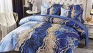PERFEMET 6 Pcs Bed-in-A-Bag Blue Watercolor Marble Printed Comforter Set with Matched Bed Sheets, Colorful Retro Artwork Style Bed Collections,Soft and Lightweight Quilt Set(Blue,Queen)