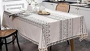 Lady Miranda Bohemian Style White Black Boho Tablecloth Linen Tablecloths for Rectangle Tables Wrinkle Free Waterproof Table Cover Farmhouse Tablecloth, 55''×70''，4-6 Seats