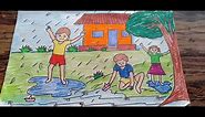 Kids playing in rain drawing || how to draw rainy season drawing || rainy season scenery for kids