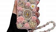iFiLOVE for iPhone 11 Bling Diamond Case with Flower Strap, 3D Luxury Sparkle Glitter Crystal Rhinestone Pearl Love Rose Wristband Bracelet Case Cover for Girls Women Kids (Pink)