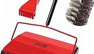JEHONN Carpet Floor Sweeper Manual with Horsehair, Non Electric Quite Rug Roller Brush Push for Cleaning Pet Hair, Loose Debris, Lint (Red)
