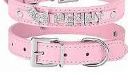 Didog Smooth PU Leather Custom Dog Collars with Rhinestone Personalized Name Letters, Fit Small Medium Dogs, Pink, XS