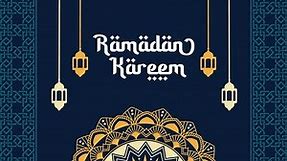 Ramadan Kareem animation with mandala and hanging lanterns on blue background