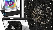 for iPad 9th/8th/7th Generation Case 10.2 Inch Folio Cover with Pencil Holder Women Girls Boys Cute Teen Kawaii Sun Moon Cool Unique Design Rotating Stand for Apple iPad 7/8/9 (2021/2020/2019)