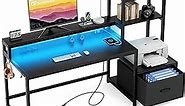 GreenForest Computer Desk with Drawer and Printer Shelf, 59 inch Gaming Desk with LED Lights and Power Outlets, Home Office Desk with Storage for Study Writing Working,Black