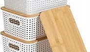 Plastic Storage Bins With Bamboo Lid Pantry Organization and Storage Baskets Containers Lidded Organizer Bins Small Baskets for Shelves Drawers Desktop Closet Playroom Classroom Office, 3 Pack