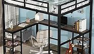 Full Size Loft Bed with Desk and Storage Shelves, Heavy Duty Metal Loft Bed with L-Shaped Desk and Ladder, Full Size Loft Bed for Kids, Teens, Black Loft Bed Full Size