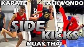 How Different Martial Arts SIDE KICK | Karate v Taekwondo v Muay Thai YOKO GERI