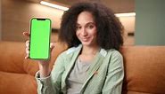 Woman Holding Mobile Phone Green Screen