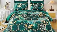 Dark Green King Size Comforter Set Geometric Honeycomb-7 Piece Bedding Set with Gold Trim Print Pattern All Season Marble Hexagon Bed in A Bag with Sheets (Emerald Green, King)