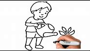How to DRAW a BOY Watering Plant Step by Step
