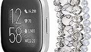 CAGOS Beaded Bracelet Compatible with Fitbit Versa 2 Band/Fitbit Versa Bands Women, Handmade Jewelry Elastic Replacement Bands Pearl Straps for Fitbit Versa 2 Special Edition SmartWatch (White)