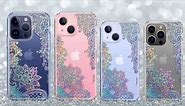 Coolwee Anti Yellowing Clear Glitter for Apple iPhone 15 Pro Max Case Floral, 6.7 inch, 6.6ft Military Grade Protective Cute Mandala Crystal Bling Lace Slim TPU with Camera & Screen Protector