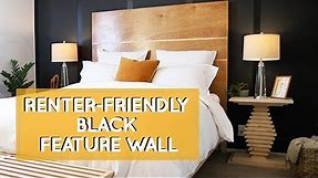 Home color inspiration for renters that can't paint: bedroom makeover with black feature accent wall