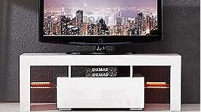 Modern White TV Stand with LED Light, High Gloss TV Stand for 50/55 Inch TV LED TV Stand with Remote Controler and Drawer Console Table for Living Room (White-1)