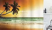 Ambesonne Tropical Shower Curtain, Palm Trees Over Wavy Ocean Sandy Beach and Dramatic Sky Exotic Vacation, Cloth Fabric Bathroom Decor Set with Hooks, 69" W x 70" L, Amber Green White
